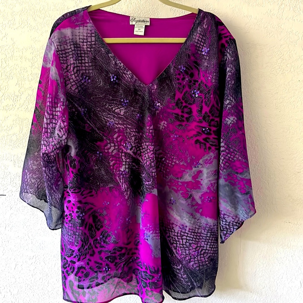 JMB Signature plus sz 2X bright fuschia&purple 3/4 length sleeves sequins